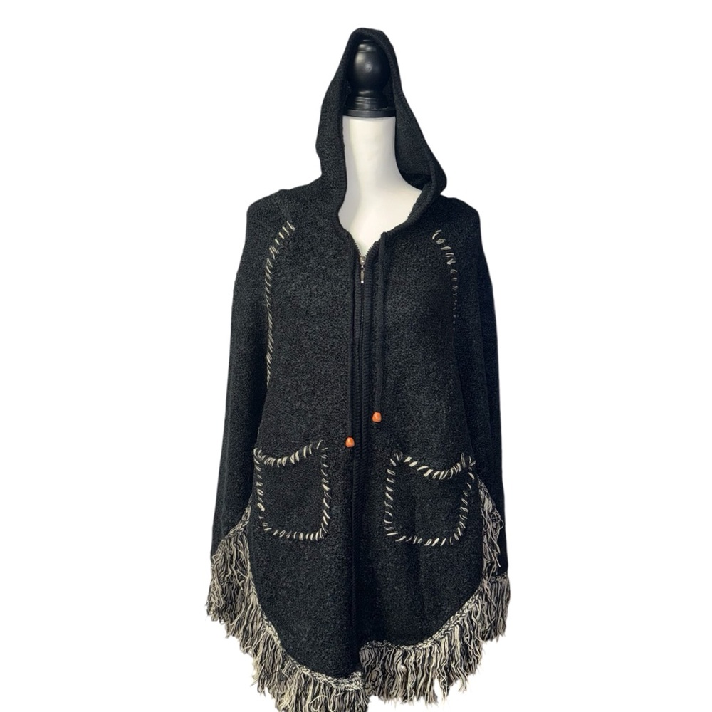 NF Black Poncho Fringe unique stitching front pockets hood Free Size nwt new